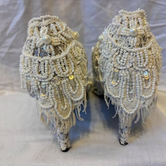 Upcycled One of a Kind Bridal White Ivory Beaded Lace Wedding Heels - Picture 2 of 6